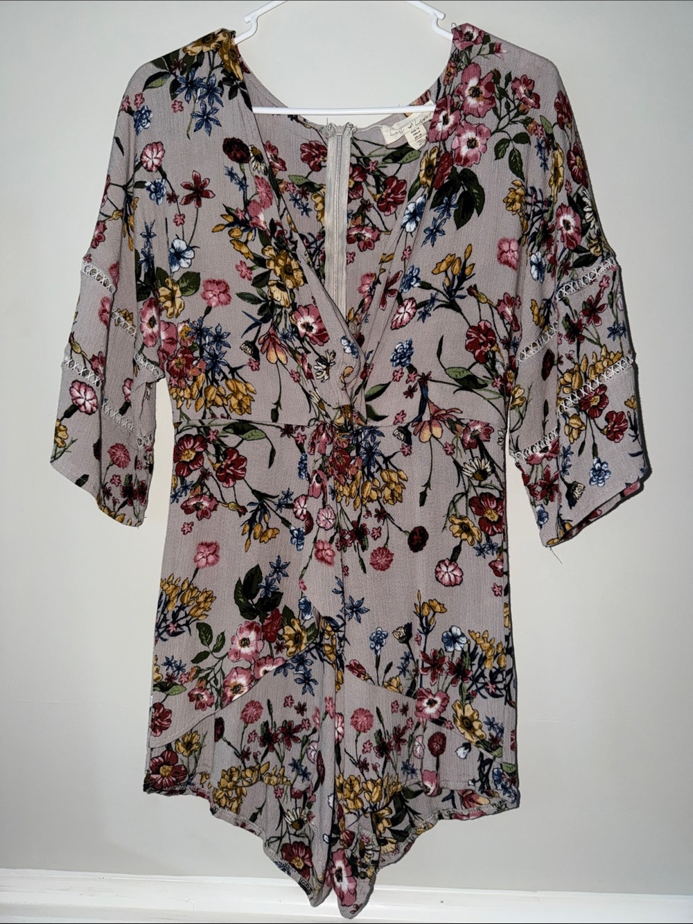 Floral V-Neck Bell Sleeve Romper in Dusty Mauve
